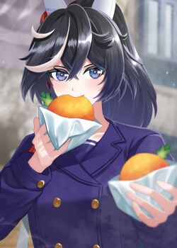 Rule 34 | 1girl, absurdres, animal ears, bbreaad, black hair, blue coat, blue eyes, blush, buttons, coat, commentary request, double-breasted, ear covers, eating, food, food in mouth, hair between eyes, hair ornament, highres, holding, holding food, horse ears, horse girl, jacket, katsuragi ace (umamusume), long hair, long sleeves, looking at viewer, multicolored hair, outstretched arm, ponytail, purple serafuku, reaching, reaching towards viewer, school uniform, serafuku, shirt, smile, solo, streaked hair, tassel, tassel hair ornament, tracen school uniform, tracen winter coat, umamusume, upper body, white hair, winter clothes, winter coat, winter uniform