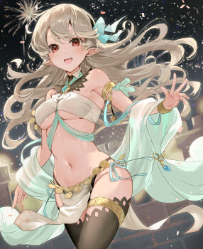 1girl :d alternate_costume bandeau bare_shoulders black_hairband black_panties black_thighhighs breasts brooch female_corrin_(fire_emblem) cowboy_shot dancer fire_emblem fire_emblem_fates grey_hair groin hairband haru_(nakajou-28) highres jewelry loincloth long_hair looking_at_viewer medium_breasts midriff navel nintendo open_mouth panties pelvic_curtain pointy_ears red_eyes shawl smile solo standing stomach thighhighs thighs underboob underwear very_long_hair