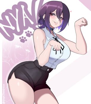 1girl artist_name bags_under_eyes black_choker black_ribbon black_shorts breasts chainsaw_man choker eyelashes eyeshadow feet_out_of_frame female_focus from_side gradient_background grin hands_up high-waist_shorts large_breasts leaning_forward lips makeup medium_hair naughty_face neck_ribbon parted_lips paw_pose purple_background purple_eyeshadow purple_hair reze_(chainsaw_man) ribbon ringo-chan_(saikoaweonao23) shirt shorts simple_background sleeveless sleeveless_shirt smile solo standing teeth two-tone_background white_background white_shirt wide_hips