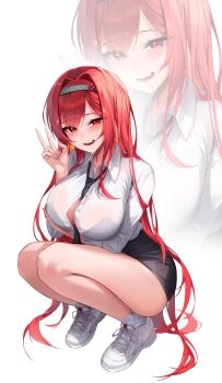 1girl 4q_(lokcy516) absurdres arm_under_breasts between_breasts black_bra black_necktie black_skirt blush bra bra_visible_through_clothes breasts button_gap buttons cleavage collared_shirt commentary_request goddess_of_victory:_nikke hair_intakes hand_up headband highres incredibly_absurdres large_breasts legs long_hair long_sleeves looking_at_viewer necktie necktie_between_breasts open_mouth rapi_(nikke) rapi_(red_hood)_(nikke) red_eyes red_hair shirt shoes sidelocks simple_background skirt smile socks solo squatting star_(symbol) sweat teeth thighs underwear v very_long_hair white_background white_shirt white_shoes white_socks zoom_layer