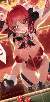 Rule 34 | 1girl, absurdres, animal ears, animal hair ornament, aqua eyes, black gloves, black ribbon, black survival, blush, bow, bowtie, braid, braided sidelock, breast zipper, breasts, card, cowboy shot, dice, eternal return: black survival, fuzzy hair tie, garter straps, gloves, hair intakes, hair ribbon, heart, heart-shaped gem, heart in eye, highres, justyna (black survival), large breasts, leotard, looking at viewer, multicolored hair, open mouth, padding, parted bangs, playboy bunny, playing card, poker chip, poker table, rabbit ears, red hair, red leotard, ribbon, ring light reflection, ryu (yanagi), shoulder strap, single braid, skindentation, smile, solo, sparkle, star-shaped pupils, star (symbol), strapless, strapless leotard, symbol-shaped pupils, symbol in eye, table, teeth, thighhighs, two-tone hair, upper teeth only, v, v over eye, white hair, wrist cuffs
