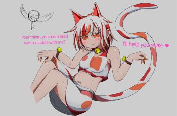 1girl :3 absurdres animal_ears armpit_crease artist_self-insert cat_ears cat_girl cat_tail goutokuji_mike highres looking_at_viewer maneki-neko multicolored_clothes multicolored_hair multicolored_tail nail_polish navel self-upload short_hair sweat tail touhou xsmile