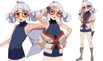 1girl 1other arm_up armpits bare_shoulders blunt_bangs cowboy_shot flat_chest full_body glasses grin highres josha_(zelda) licking licking_armpit loli looking_at_viewer multiple_views nintendo red-framed_eyewear round_eyewear sheikah short_hair simple_background sleeveless sleeveless_turtleneck smile sorian66 sweat the_legend_of_zelda the_legend_of_zelda:_tears_of_the_kingdom thick_eyebrows turtleneck white_background white_hair