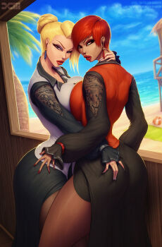 Rule 34 | 2girls, ass, barretxiii, beach, blue eyes, blue sky, breast press, breasts, breasts squeezed together, brown pantyhose, dark-skinned female, dark skin, day, dress, earrings, from behind, grabbing another's ass, groping, hair bun, huge ass, huge breasts, jewelry, large breasts, long hair, looking at viewer, mature (kof), multiple girls, outdoors, pantyhose, red eyes, red hair, red nails, room, see-through clothes, short hair, skirt, sky, the king of fighters, thick lips, thick thighs, thighs, vice (kof), window