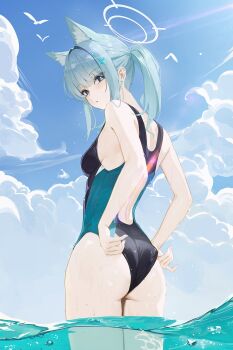 1girl absurdres adjusting_clothes animal_ear_fluff animal_ears ass bare_arms bare_legs bare_shoulders black_one-piece_swimsuit blue_archive blue_eyes blue_halo blush breasts cloud cloudy_sky commentary_request competition_swimsuit cowboy_shot cross_hair_ornament day extra_ears fieryonion from_behind grey_hair hair_ornament halo highres korean_commentary looking_at_viewer medium_hair mismatched_pupils official_alternate_costume one-piece_swimsuit open_mouth outdoors revision shiroko_(blue_archive) shiroko_(swimsuit)_(blue_archive) sky small_breasts solo swimsuit wading water wet wet_clothes wet_swimsuit wolf_ears
