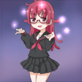 1girl black_shirt black_skirt blush collarbone glasses kemurikusa long_hair long_sleeves looking_at_viewer messy_hair neckerchief open_mouth purple_background red_eyes red_hair red_neckerchief ryoku_(kemurikusa) school_uniform shirt skirt smile sparkle standing t_jiroo_(ringofriend)