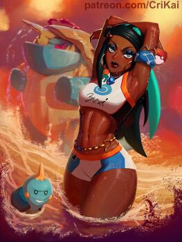 1girl aqua_eyes aqua_hair armlet armpits arms_up belly_chain bike_shorts bikini black_hair blue_eyeshadow blush breasts chewtle commentary crimson_kaiserin dark-skinned_female dark_skin drednaw dual_wielding dynamax earrings english_commentary eyeshadow gen_8_pokemon gigantamax gigantamax_drednaw hair_bun holding holding_poke_ball hoop_earrings jewelry linea_alba long_hair makeup multicolored_hair narrow_waist navel nessa_(pokemon) nintendo no_gloves pendant poke_ball poke_ball_(basic) pokemon pokemon_(creature) pokemon_swsh purple_lips single_hair_bun single_side_bun small_breasts solo_focus straight_hair swept_bangs swimsuit tankini thick_thighs thighs toned two-tone_hair very_dark_skin wading water wet