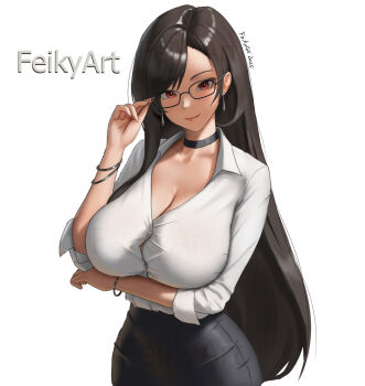 Rule 34 | 1girl, arm under breasts, artist name, black choker, black hair, black skirt, bracelet, breasts, choker, cleavage, earrings, feikyart, final fantasy, final fantasy vii, glasses, highres, jewelry, pencil skirt, red eyes, shirt, shirt tucked in, simple background, skirt, smile, solo, tifa lockhart, upper body, white background, white shirt