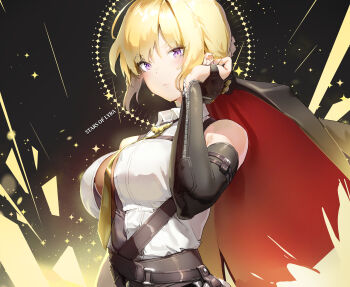 1girl absurdres arm_strap bare_shoulders belt between_breasts black_gloves black_jacket blonde_hair breasts cape chest_harness closed_mouth collared_shirt dress_shirt elbow_gloves evelyn_chevalier expressionless female_focus fingerless_gloves gloves hand_up harness highres holding holding_jacket holding_unworn_clothes jacket large_breasts looking_at_viewer mr1thonk necktie official_alternate_costume original partially_fingerless_gloves purple_eyes shirt short_hair sidelocks sleeveless sleeveless_shirt solo strap unworn_jacket upper_body white_shirt yellow_necktie zenless_zone_zero zipper