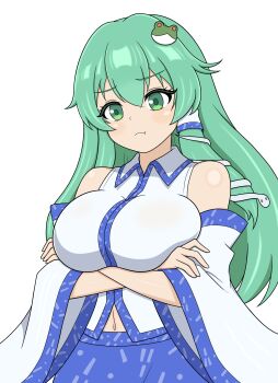 1girl absurdres arms_under_breasts bare_shoulders blue_skirt blue_trim breasts closed_mouth collared_shirt commentary_request crossed_arms detached_sleeves frog_hair_ornament green_eyes green_hair hair_ornament hair_tubes highres kochiya_sanae large_breasts long_hair navel nontraditional_miko pout shirt simple_background single_hair_tube skirt sleeveless sleeveless_shirt snake_hair_ornament solo touhou upper_body white_background white_shirt wide_sleeves yoshio_hentai