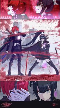 1boy 1girl absurdres ahoge armband artist_name belt black_cape black_hair black_jacket black_pants black_skirt blue_eyes bow_(weapon) bubble cape closed_eyes closed_mouth commentary copyright_name english_commentary gakuran hairband highres holding holding_sword holding_weapon jacket katana long_hair long_sleeves magadori_kyoshika makeup multicolored_hair neckerchief open_mouth pants pleated_skirt ponytail profile purple_eyes red_hair school_uniform short_hair skirt soshu_(soshuscribbles) streaked_hair sumino_takumi sword the_hundred_line_-last_defense_academy- two-tone_hair very_long_hair weapon white_armband white_belt white_hairband white_neckerchief