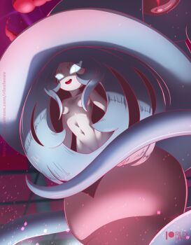 1girl blue_hair blue_sclera breasts cloud colored_sclera colored_skin convenient_censoring dynamax female_focus functionally_nude gen_8_pokemon gigantamax gigantamax_hatterene glowing glowing_eyes hair_over_breasts hat hatterene highres medium_breasts navel nintendo no_humans open_mouth pokemon pokemon_(creature) rilex_lenov solo standing teeth upper_teeth_only white_eyes white_skin