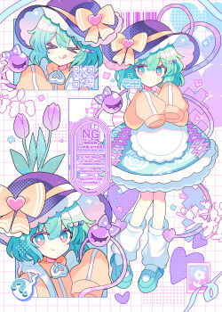 Rule 34 | > <, 1girl, :p, ?, absurdres, black hat, bow, commentary request, full body, green eyes, green hair, green skirt, hat, hat bow, heart, highres, komeiji koishi, multiple views, one eye closed, shirocha tei, shirt, skirt, spoken question mark, third eye, tongue, tongue out, touhou, yellow shirt