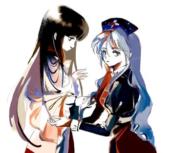 Rule 34 | 2girls, black hair, dress, frilled sleeves, frills, full lake, grey hair, hat, houraisan kaguya, long hair, looking to the side, multiple girls, nurse cap, smile, touhou, very long hair, yagokoro eirin