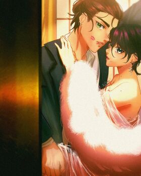 1boy 1girl black_hair black_jacket brown_hair collared_shirt commentary cross cross_earrings dress earrings english_commentary eren_yeager fur_scarf green_eyes grey_eyes hair_between_eyes hair_bun hand_on_another&#039;s_shoulder hand_on_another&#039;s_thigh highres jacket jewelry lipstick_mark_on_cheek mikasa_ackerman off-shoulder_dress off_shoulder parted_lips shingeki_no_kyojin shirt short_hair suit_jacket thatforuko updo upper_body white_shirt