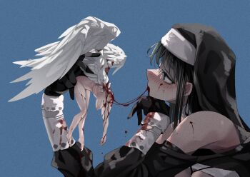 2girls angel_wings black_hair blood blue_background breasts commentary_request completely_nude decapitation from_side guro highres huyunokure large_breasts mini_person minigirl multiple_girls nude nun original size_difference white_wings wings