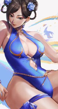 1girl bare_shoulders belly_chain blue_flower blue_one-piece_swimsuit braid breasts brown_eyes brown_hair capcom chun-li cleavage commentary_request cowboy_shot earrings eyeliner flower gauss_<bokashi hair_flower hair_ornament highres jewelry large_breasts lips looking_at_viewer makeup official_alternate_costume one-piece_swimsuit parted_lips pink_lips red_eyeliner single_sidelock solo street_fighter street_fighter_6 swimsuit thigh_strap thighs