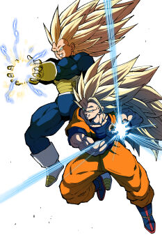 Rule 34 | 2boys, absurdres, armor, blonde hair, blue bodysuit, blue boots, blue sash, blue shirt, blue wrist cuffs, bodysuit, boots, clenched teeth, commentary request, dragon ball, dragon ball daima, dragonball z, electricity, energy ball, final flash, gloves, green eyes, highres, kamehameha (dragon ball), korean commentary, long hair, male focus, multiple boys, muscular, muscular male, no eyebrows, powering up, saiyan armor, sash, shirt, simple background, son goku, spiked hair, teeth, vegeta, white armor, white background, white boots, white gloves, wrist cuffs, yubusushi