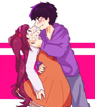 1boy 1girl 3812_10-31 blush chibimi dress hair_ribbon hand_on_another&#039;s_head hand_on_another&#039;s_waist hood hoodie lying matsuno_ichimatsu on_side orange_dress osomatsu-san osomatsu_(series) ribbon sweatdrop twintails