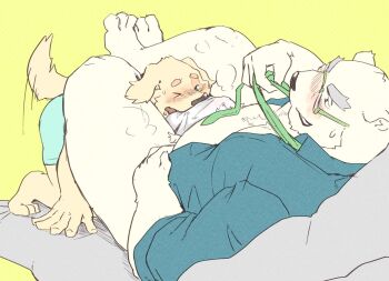 2boys animal_ears bara bear_boy bear_ears belly blue_shorts blush commentary_request cu_sith_(housamo) dog_boy dog_ears animal_nose dog_tail face_in_crotch fat fat_man fundoshi furry furry_male green_background green_necktie green_shirt inabayasuri japanese_clothes leib_(housamo) looking_at_another male_focus multiple_boys necktie one_eye_closed open_mouth shirt shorts smelling smelling_penis tail tail_wagging tokyo_houkago_summoners unbuttoned white_fur yellow_fur
