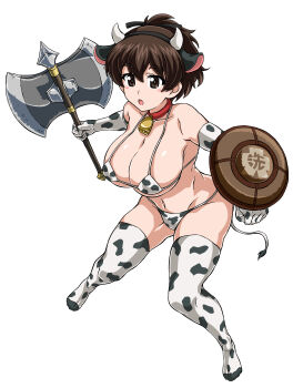 1girl 9s0ykoyama117 absurdres animal_ears animal_print axe bell bikini breasts brown_eyes brown_hair cow_print cow_print_bikini fake_animal_ears full_body girls_und_panzer highres holding holding_axe koyama_yuzu large_breasts neck_bell open_mouth print_bikini shield short_hair simple_background standing swimsuit thighhighs white_background