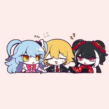 Rule 34 | 3girls, black coat, black dress, black hair, blonde hair, blue hair, bow, bowtie, chibi, chinese clothes, closed eyes, coat, collared shirt, don quixote (project moon), double bun, dress, hair bun, hair ornament, heart, heart hair ornament, highres, holding hands, jia xichun (project moon), limbus company, long hair, long sleeves, looking at another, magical girl, multicolored hair, multiple girls, necktie, open mouth, pink background, pink bow, pink bowtie, pink eyes, pink vest, project moon, queen of hatred, red necktie, red shrug, shirt, short hair, shrug (clothing), simple background, streaked hair, twintails, two side up, upper body, vest, white shirt, x c om, yellow eyes