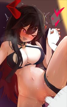 1boy 1girl asymmetrical_horns azur_lane bikini bikini_around_one_leg black_bikini black_hair blush breasts broken_horn censored cleavage commission heart heart-shaped_pupils hetero hige_qr holding_hands horns large_breasts leg_up long_hair magdeburg_(azur_lane) magdeburg_(gone_fishing)_(azur_lane) mole mole_on_thigh mosaic_censoring nail_polish navel o-ring o-ring_bikini o-ring_top one_eye_closed open_mouth penis pussy red_eyes red_horns sex skeb_commission smile spoken_heart swimsuit symbol-shaped_pupils trembling wavy_eyebrows