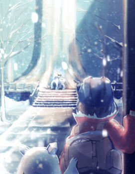 1girl absurdres backpack bag bare_tree black_gloves black_helmet blurry brown_hair calyrex calyrex_(rider) commentary_request dynamax_band expedition_uniform froslass fur-trimmed_jacket fur_trim gen_4_pokemon gen_8_pokemon glastrier gloria_(pokemon) gloves hand_up helmet highres jacket legendary_pokemon long_sleeves nintendo orange_jacket outdoors pokemon pokemon_(creature) pokemon_swsh riding riding_pokemon snowing tftf649e tree