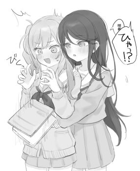 2girls ^^^ blush book cardigan commentary dot_nose dropping greyscale highres hoshino_ichika_(project_sekai) hug hug_from_behind long_hair long_sleeves miyamasuzaka_girls&#039;_academy_school_uniform monochrome mu_ri003 multiple_girls neckerchief open_mouth pleated_skirt project_sekai sailor_collar school_uniform serafuku simple_background skirt speech_bubble surprised sweatdrop tenma_saki translation_request twintails white_background wide-eyed yuri