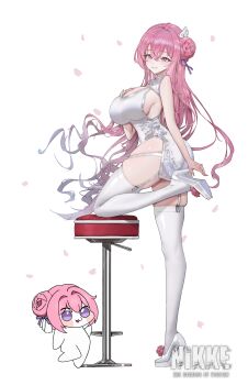1girl absurdres blush breasts china_dress chinese_clothes commentary_request copyright_logo doro_(nikke) dorothy_(nikke) dress falling_petals from_side garter_straps goddess_of_victory:_nikke grin hair_between_eyes hair_bun hair_ornament hair_ribbon hand_on_own_chest high_heels highres kiki_(akasaka0818) large_breasts leg_support logo long_hair looking_at_viewer petals pink_hair purple_eyes purple_ribbon ribbon shoes shrug_(clothing) single_side_bun skindentation smile standing standing_on_one_leg stool thighhighs very_long_hair white_background white_dress white_shoes white_thighhighs