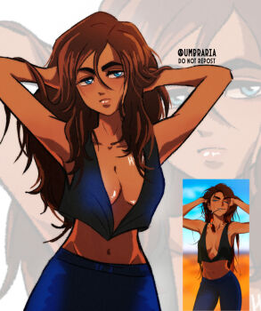 Rule 34 | 1girl, alien stage, arms up, blue eyes, blue pants, breasts, brown hair, cleavage, commentary, cowboy shot, crop top, dark-skinned female, dark skin, english commentary, frown, hands in own hair, highres, hip bones, hyuna (alien stage), large breasts, lips, long hair, navel, pants, plunging neckline, reference inset, solo, thick eyebrows, tumblr username, umbra (edits umbra), watermark, zoom layer