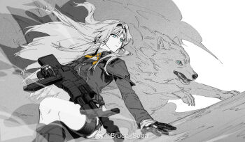 1girl alva_(girls'_frontline_2) an-94 an-94_(girls'_frontline) anderain assault_rifle blonde_hair blue_eyes boots chinese_commentary commentary_request girls'_frontline girls'_frontline_2:_exilium gun hair_ornament hairband highres long_hair necktie rifle solo weapon wolf yellow_necktie