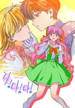 1boy 2girls blonde_hair blue_shirt bow brown_eyes brown_hair closed_eyes daa!_daa!_daa! dress foot_out_of_frame gloves green_dress hair_bow hanakomachi_christine hands_up highres juliet_sleeves kouzuki_miyu long_hair long_sleeves m_m_pb multiple_girls open_mouth pink_dress pink_eyes pink_hair profile puffy_sleeves red_bow saionji_kanata school_uniform shirt shoes short_hair socks tiara twitter_username white_footwear white_gloves white_shirt white_socks yellow_background