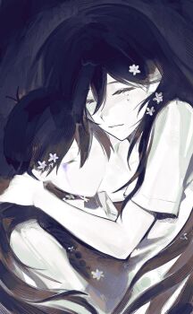 Rule 34 | 1boy, 1girl, antenna hair, black hair, black sweater vest, brother and sister, closed eyes, closed mouth, collared shirt, colored skin, commentary, crying, czorimu, double-parted bangs, dress, flower, hair between eyes, hair flower, hair ornament, hashtag-only commentary, highres, hug, long hair, mari (omori), mari (spirit) (omori), omori, shirt, short hair, short sleeves, siblings, sunny (omori), sweater vest, white dress, white shirt, white skin