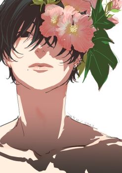 black_hair chainsaw_man collarbone ear_piercing flower flower_over_eye hair_over_one_eye lips long_neck male_focus piercing short_hair tsutakichi_02 white_background yoshida_hirofumi