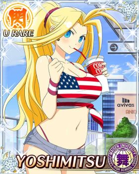 1girl adidas american_flag american_flag_print american_flag_shirt antenna_hair blonde_hair blue_eyes border brand_name_imitation breasts card_(medium) character_name cityscape cleavage closed_mouth crop_top cup denim denim_shorts drink drinking_straw flag_print game_cg hair_intakes large_breasts long_hair looking_at_viewer navel official_alternate_hairstyle official_art outdoors parted_bangs ponytail print_shirt scrunchie senran_kagura senran_kagura_new_wave shirt short_shorts shorts smile solo star_(symbol) star_print tank_top thong thumbs_up wristband yoshimitsu_(senran_kagura)
