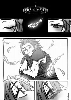 1boy 1girl aerith_gainsborough armor blush closed_mouth commentary earrings elbow_rest english_commentary falling_feathers feathers final_fantasy final_fantasy_vii final_fantasy_vii_remake gloves greyscale highres jewelry monochrome outside_border ribbed_sweater seilidare shoulder_armor sleeveless sleeveless_turtleneck spiked_hair stud_earrings sweater turtleneck turtleneck_sweater twitter_username waking_up water_drop white_feathers zack_fair