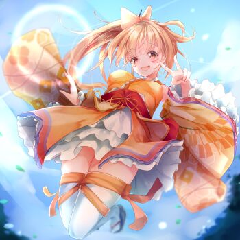 1girl blonde_hair blue_sky breasts commentary_request commission frilled_skirt frilled_sleeves frills highres japanese_clothes kimono large_breasts lenas_sukeimu matamataro open_mouth orange_eyes orange_ribbon ribbon short_kimono skeb_commission skirt sky smile thighhighs v virtual_youtuber vrchat white_thighhighs wide_sleeves