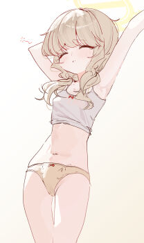 1girl absurdres aoba_(blue_archive) arm_behind_head armpits arms_up blue_archive blush bow bow_camisole bow_panties breasts brown_panties cameltoe camisole camisole_lift closed_eyes closed_mouth clothes_lift cowboy_shot dot_nose gradient_background hair_between_eyes hair_over_shoulder halo highres loli long_hair low_twintails navel okottaroba panties red_bow simple_background small_breasts solo split_mouth standing stomach stretching tank_top teardrop tears thigh_gap thighs twintails underwear underwear_only white_camisole yellow_halo yellow_panties