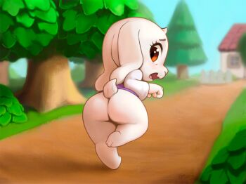 1girl ajin_(ajinhdremix) animal_crossing animal_ears animal_feet artist_name ass ass_focus blue_sky blurry blurry_background blush body_fur bottomless bush chibi chibi_only dated day embarrassed fang feet female_focus from_behind furry furry_female goat_ears goat_girl goat_horns grass hand_up horns house leg_up legs long_sleeves looking_at_viewer looking_back nintendo nose_blush open_mouth outdoors path purple_shirt raglan_sleeves raised_eyebrows red_eyes road shirt shortstack signature skin_fang sky small_horns solo standing standing_on_one_leg thick_thighs thighs toriel tree undertale utdr_(toby_fox) white_fur white_horns white_sleeves