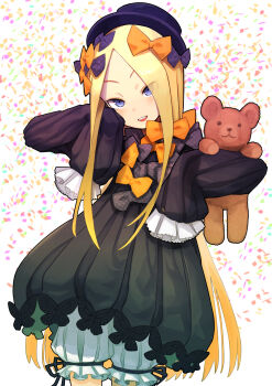 Rule 34 | 1girl, :d, abigail williams (fate), abigail williams (first ascension) (fate), black bow, black dress, black hat, blonde hair, bloomers, blue eyes, bow, bug, butterfly, commentary request, confetti, cowboy shot, daitai konna kanji, dress, eyes visible through hair, fate/grand order, fate (series), female focus, forehead, hair bow, hands up, hat, head tilt, highres, hugging object, insect, long hair, long sleeves, open mouth, orange bow, parted bangs, polka dot, polka dot bow, simple background, sleeves past fingers, sleeves past wrists, smile, solo, standing, stuffed animal, stuffed toy, teddy bear, teeth, underwear, upper teeth only, v-shaped eyebrows, very long hair, white background, white bloomers