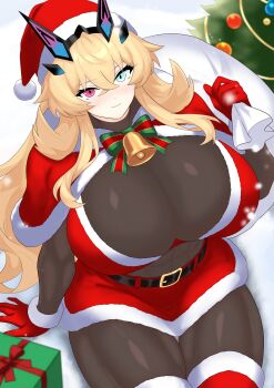 1girl abs absurdres barghest_(fate) bell belt blonde_hair blush bodystocking bow bowtie box bra breasts capelet christmas_tree commentary_request fate/grand_order fate_(series) fur_trim gift gift_box gloves green_eyes hat heterochromia highres horns huge_breasts jingle_bell long_hair looking_at_viewer miniskirt muscular muscular_female red_bra red_capelet red_eyes red_gloves red_hat red_skirt red_thighhighs sack santa_costume santa_hat see-through_cleavage see-through_clothes skirt smile solo thick_thighs thighhighs thighs underwear yom_(yom4_e)