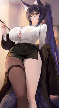 1girl absurdres animal_ear_fluff animal_ears azur_lane black_jacket black_pantyhose black_skirt breasts button_gap collared_shirt facial_mark fox_ears fox_tail glasses hair_between_eyes high_ponytail highres holding huge_breasts indoors jacket jacket_partially_removed long_hair long_sleeves looking_at_viewer miniskirt musashi_(azur_lane) off_shoulder pantyhose ponytail purple_hair shirt side_slit sidelocks single_bare_leg single_leg_pantyhose skirt solo standing suo_bu_ye_feng tail thick_thighs thigh_strap thighs very_long_hair whisker_markings white_shirt yellow_eyes