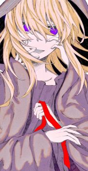 1girl 1other adapted_costume alternate_headwear clothing_request collarbone commentary dated_commentary dress hands_on_another's_face highres holding hood hood_up long_hair long_sleeves lower_teeth_only maribel_hearn necktie no_pupils open_mouth oriharareimu purple_dress purple_eyes red_necktie solo_focus teeth touhou wide_sleeves