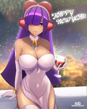 1girl bare_shoulders blue_eyes blush breasts chest_jewel cleavage commentary cowboy_shot cup dark-skinned_female dark_skin dress english_commentary fireworks grey_dress grey_sleeves hair_over_eyes happy_new_year highres holding holding_cup large_breasts layer_(mega_man) long_hair mega_man_(series) mega_man_x_(series) mole mole_under_eye new_year purple_hair rob_(robarts) solo standing strapless strapless_dress