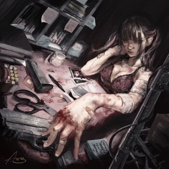 1girl arai_bokuseki bandaged_arm bandages bandaid bandaid_on_arm bandaid_on_face bandaid_on_nose black_hair blunt_bangs book book_stack bookshelf box breasts bruise_on_hand cleavage commentary desk elbow_rest english_commentary gauze gun hand_on_own_chin handgun head_rest highres holding holding_gun holding_weapon lace_dress long_sidelocks looking_at_viewer messy_room narrowed_eyes original photo_(object) scissors self-harm sidelocks sticky_note twintails upper_body weapon wrist_cutting