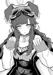 Rule 34 | 1girl, absurdres, animal ears, blue archive, camisole, collar, commentary request, dog ears, dog tags, goggles, goggles on head, halo, hibiki (blue archive), highres, mitsumoto amata, monochrome, shorts, sleeves past wrists, solo