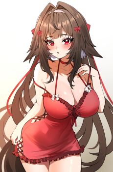 1girl :o alternate_costume animal_ears bare_shoulders breasts brown_hair cleavage commentary fox_ears fox_girl highres jirafuru large_breasts long_hair looking_at_viewer nightgown red_eyes red_nightgown simple_background solo strap_slip symbol-only_commentary thighs very_long_hair white_background ye_shunguang zenless_zone_zero