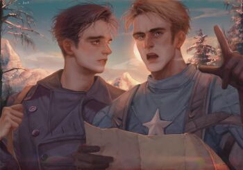 2boys black_gloves blonde_hair blue_bodysuit blue_eyes blue_jacket blue_sky bodysuit branch brown_hair bucky_barnes buttons captain_america captain_america:_the_first_avenger captain_america_(series) commentary_request evening gloves gradient_sky hand_up highres holding holding_map index_finger_raised jacket lapels lips long_sleeves looking_at_another looking_to_the_side male_focus map mare_hane marvel marvel military_jacket mountain multiple_boys open_mouth outdoors pine_tree pointing short_hair sky snow star_(symbol) steve_rogers sun sunset superhero_costume tearing_up teeth tree turtleneck upper_body winter