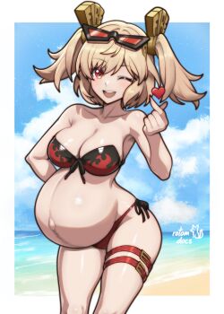1girl :d ;d absurdres artist_name bare_shoulders beach belt bikini blonde_hair blue_sky border breasts burnice_white cleavage commentary english_commentary eyewear_on_head female_focus finger_heart flame_print gift_art hand_on_own_hip heart highres large_breasts linea_nigra looking_at_viewer midriff multicolored_bikini navel one_eye_closed open_mouth outdoors outie_navel pregnant red_eyes rotomdocs short_hair sky smile solo stomach strapless strapless_bikini sunglasses swimsuit thigh_belt thigh_strap thighs twintails two-tone_bikini white_border wink zenless_zone_zero